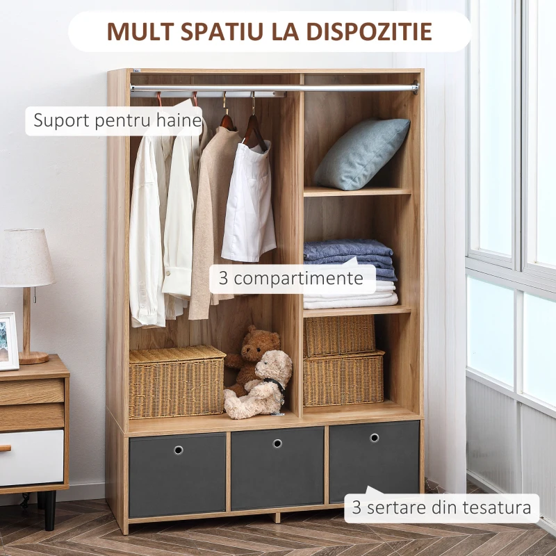 HOMCOM Dulap din PAL cu sina pentru agatat, 3 sertare din tesatura cu aspect de in si 3 rafturi, 105x48x160 cm, culoarea lemnului