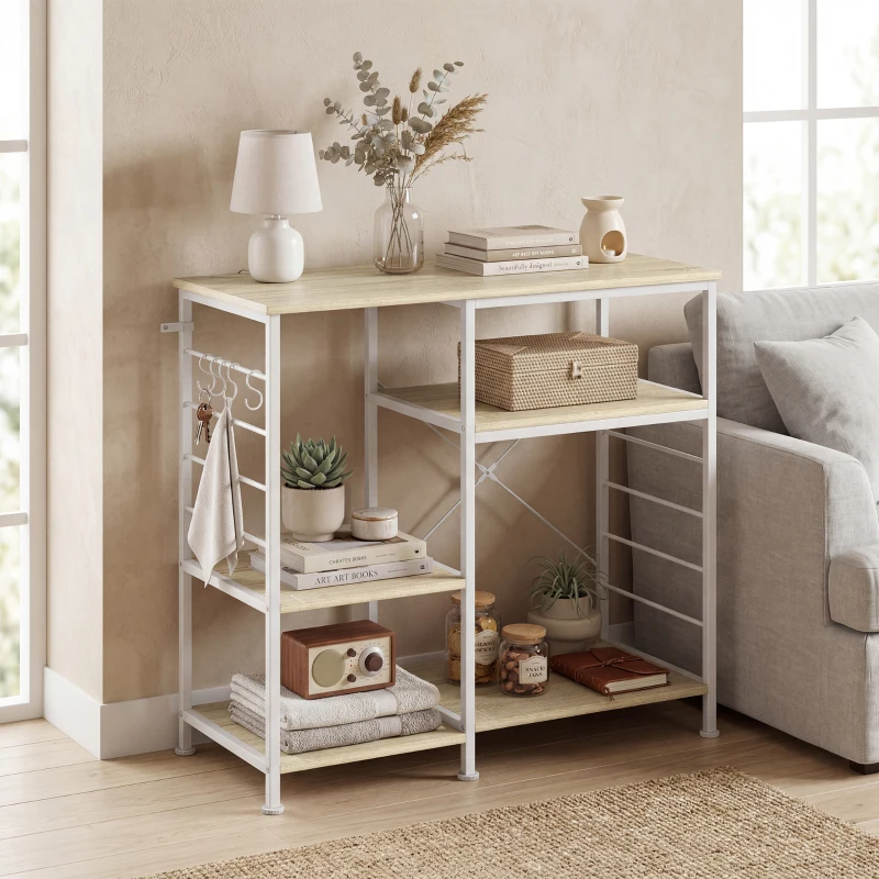 HOMCOM Scaffale Cucina Salvaspazio con Ripiani in Legno e Metallo e 5 Ganci, 90x39x83.5 cm, Rovere