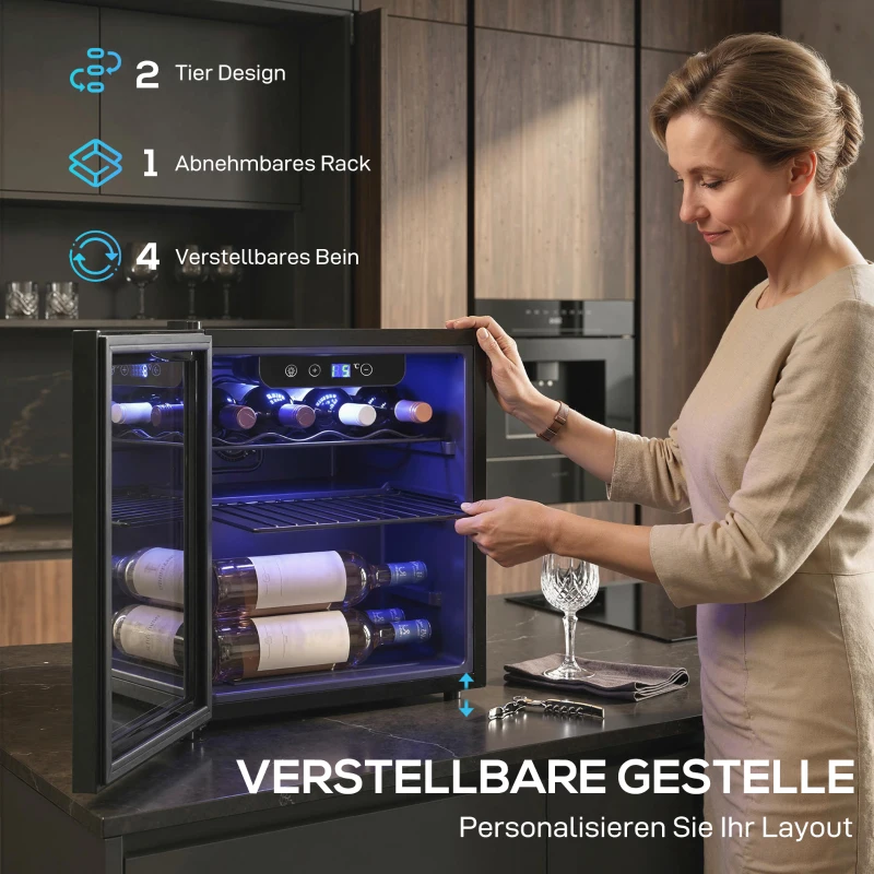 HOMCOM Weinkühler für 12 Flaschen, 36 L Kapazität, 4–16°C, Unterbau Kühlschrank für Getränke und Bier, mit Glastür, LED-Licht