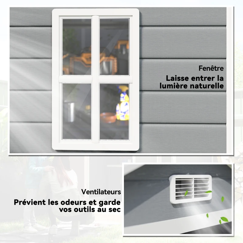 Outsunny Abri de jardin cabanon en résine polypropylène 2,12 m² - 2 portes 1 fenêtre et 1 grille d'aération, toit à pignon, gris(m-7)