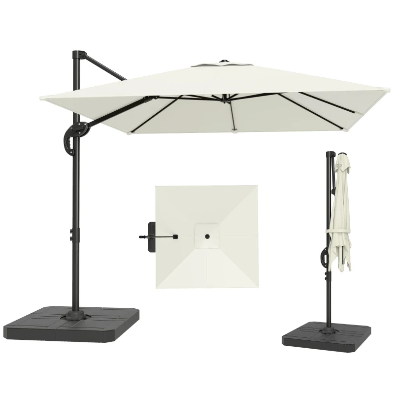 Outsunny 2.4 x 2.4m Cantilever Parasol with Umbrella Weights, UPF50+ Offset Outdoor Umbrella w/ Easy Tilt Adjustment, Cream White