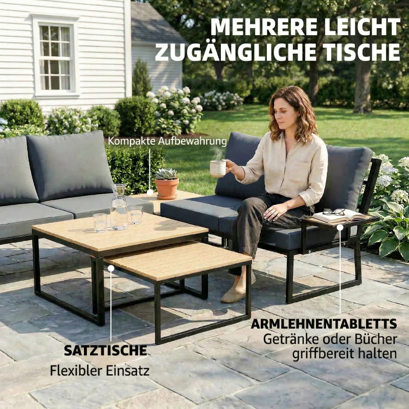 Outsunny Gartenmöbel Set L-Form Metall Sitzgruppe für 4 Personen Gartenlounge mit 2er Sofa Kissen 2 stapelbar Beistelltisch Teak