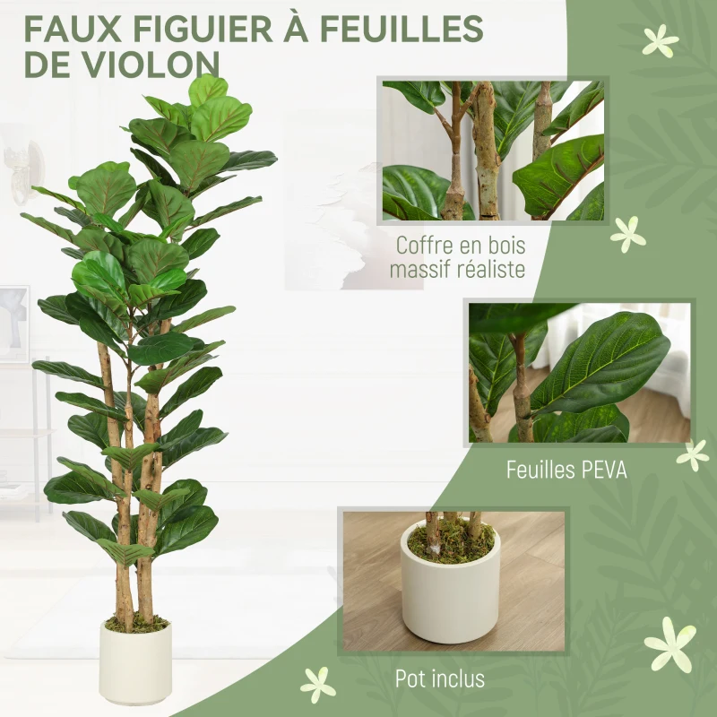 HOMCOM Plante artificielle intérieure 150 cm Figuier lyre arbre artificiel avec pot en plastique et tronc en bois massif, vert