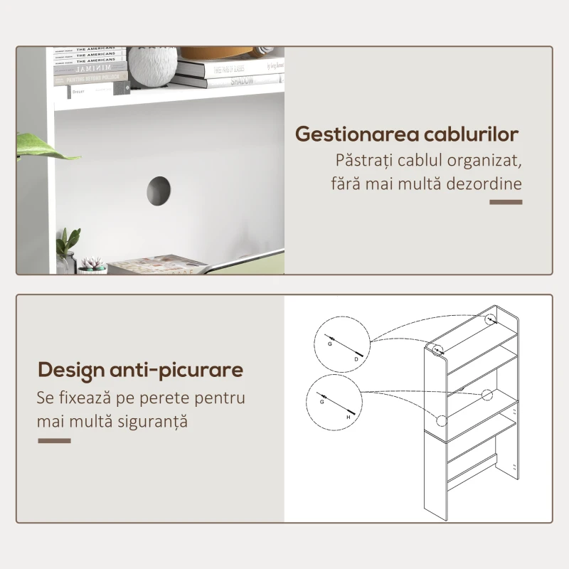 HOMCOM Birou cu Rafturi, Blat Pliabil, 2 Roți și 4 Rafturi, Birou Compact Modern cu Orificiu pentru Cabluri, Masă pentru Computer, Acasă Birou Studio Dormitor, 80x69x155 cm, Alb
