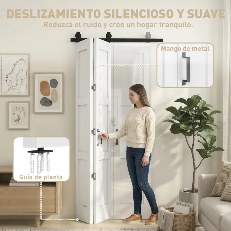 HOMCOM Puerta Corredera Plegable con Herrajes 91,4x213,4 cm con Rodillo Riel de Acero Guía de Suelo Manija Blanco