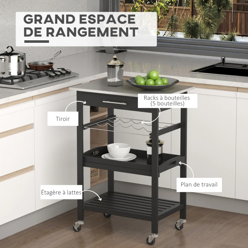 HOMCOM Chariot de Service desserte de Cuisine Table roulantes avec étagère rangement bouteille 60L x 40l x 85H cm Plateau en Acier INOX. Noir
