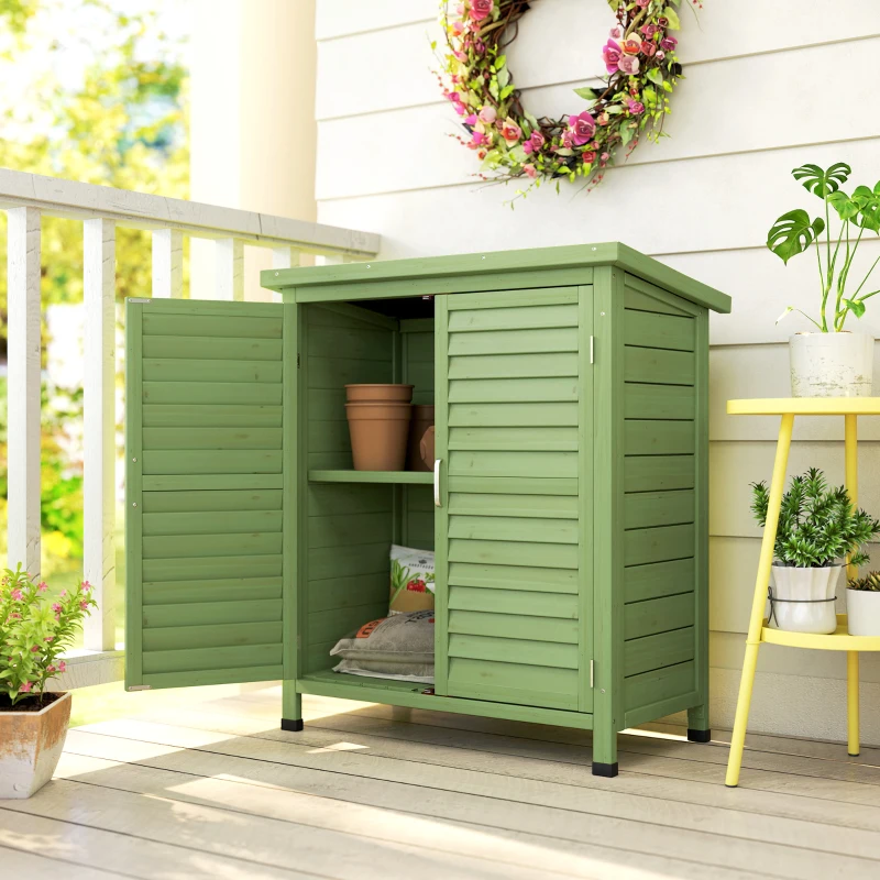 Outsunny Garden Shed Wooden Garden Storage Shed 2 Door Unit Solid Fir Wood Garage Tool Organisation Cabinet, 87L x 46.5W x 96.5Hcm, Green