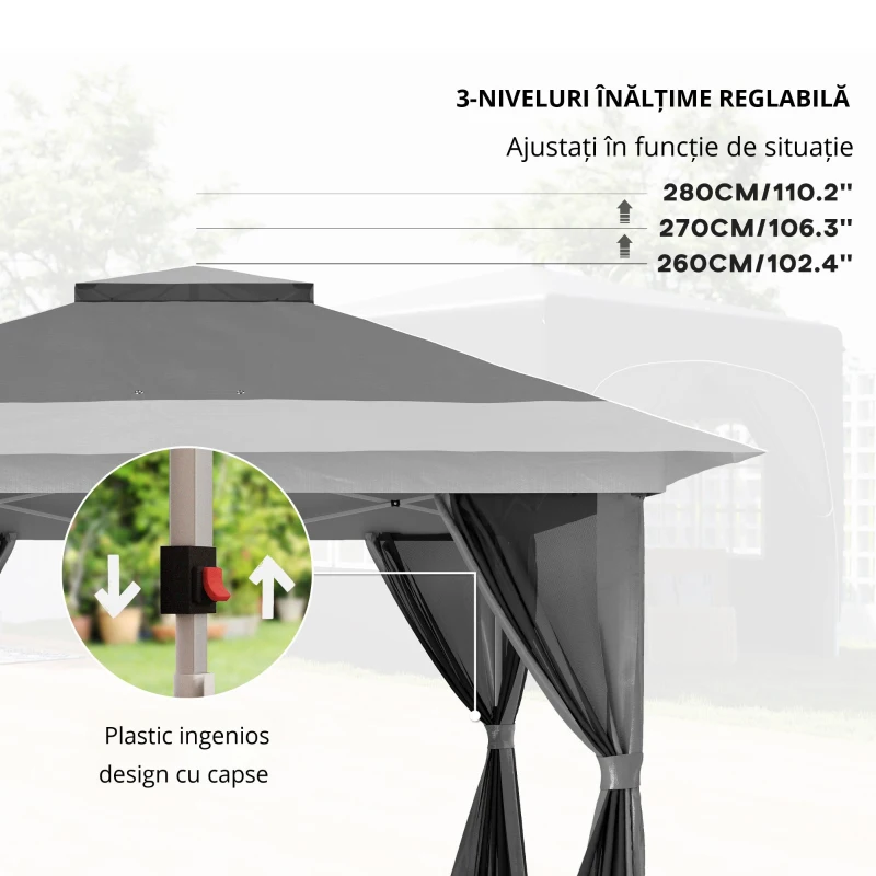 Outsunny Pavilion Pliabil 3,6x3,6m cu Pereți, Înălțime Reglabilă și Protecție UPF50+, Geantă cu Roți, Gri(m-5)