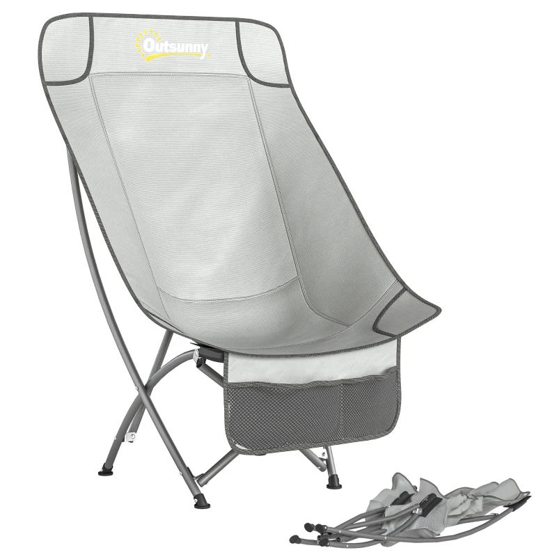 Outsunny Camping Chair for Adults Heavy Duty Folding Camp Chair with Side Pocket and Carry Bag Light Grey