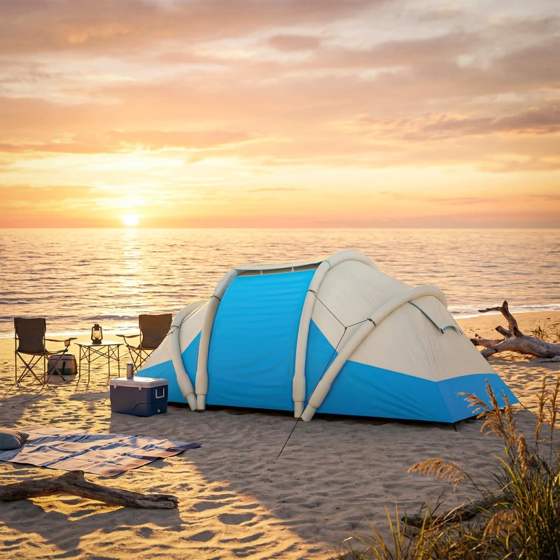 Outsunny Inflatable Tent 2 Bedroom 3000mm Waterproof Windproof Air Tent with Carry Bag for 4 Person