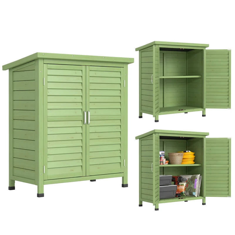 Outsunny Garden Shed Wooden Garden Storage Shed 2 Door Unit Solid Fir Wood Garage Tool Organisation Cabinet, 87L x 46.5W x 96.5Hcm, Green