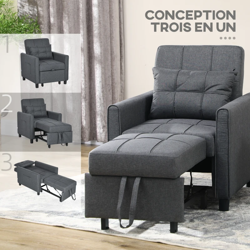 HOMCOM Fauteuil convertible 1 place 3 en 1 dossier réglable en 3 positions oreiller inclus 2 poches latérales 69x82x85cm gris(m-6)