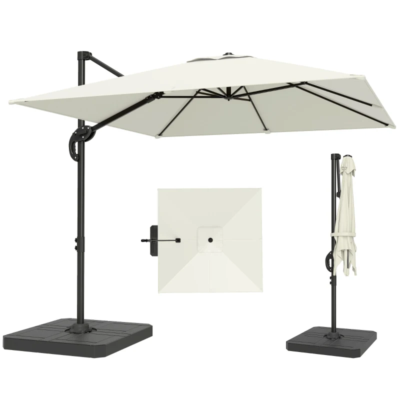 Outsunny 2.4 x 2.4m Cantilever Parasol with Umbrella Weights, UPF50+ Offset Outdoor Umbrella w/ Easy Tilt Adjustment, Cream White