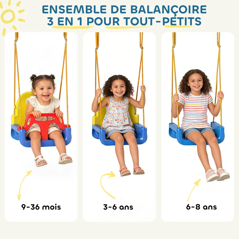 AIYAPLAY Portique Balançoire Enfants 3-en-1, Balançoire Pliable avec Siège Réglable, Intérieur et Extérieur, Multicolore