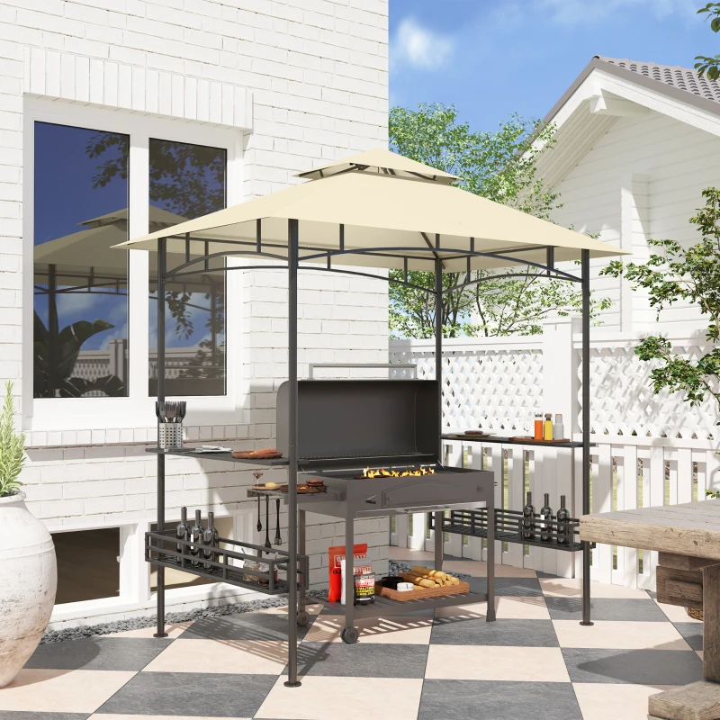 Outsunny Tonnelle de barbecue auvent de réception pour jardin crochet au plafond étagères et paniers 240 x 150 x 257 cm beige