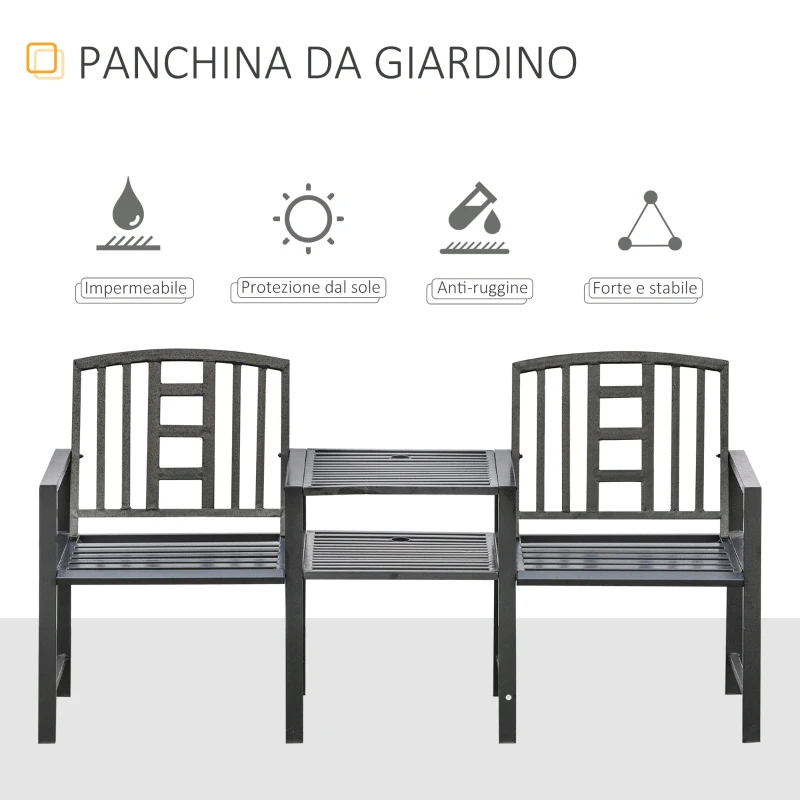 Outsunny Panchina da Giardino Moderna 2 Posti con Tavolino e Foro per Ombrellone Arredamento da Esterno 165x56x85.5cm Nero