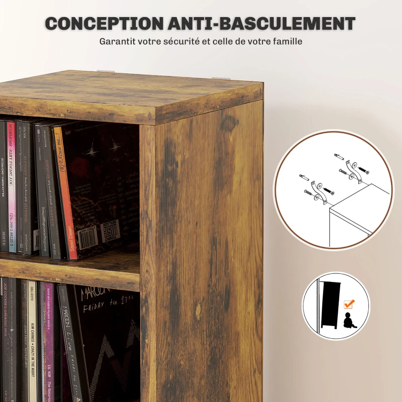 HOMCOM Rangements pour CD et DVD avec 12 compartiments, capacité max. 204 CD, 21 x 20 x 175 cm, brun rustique