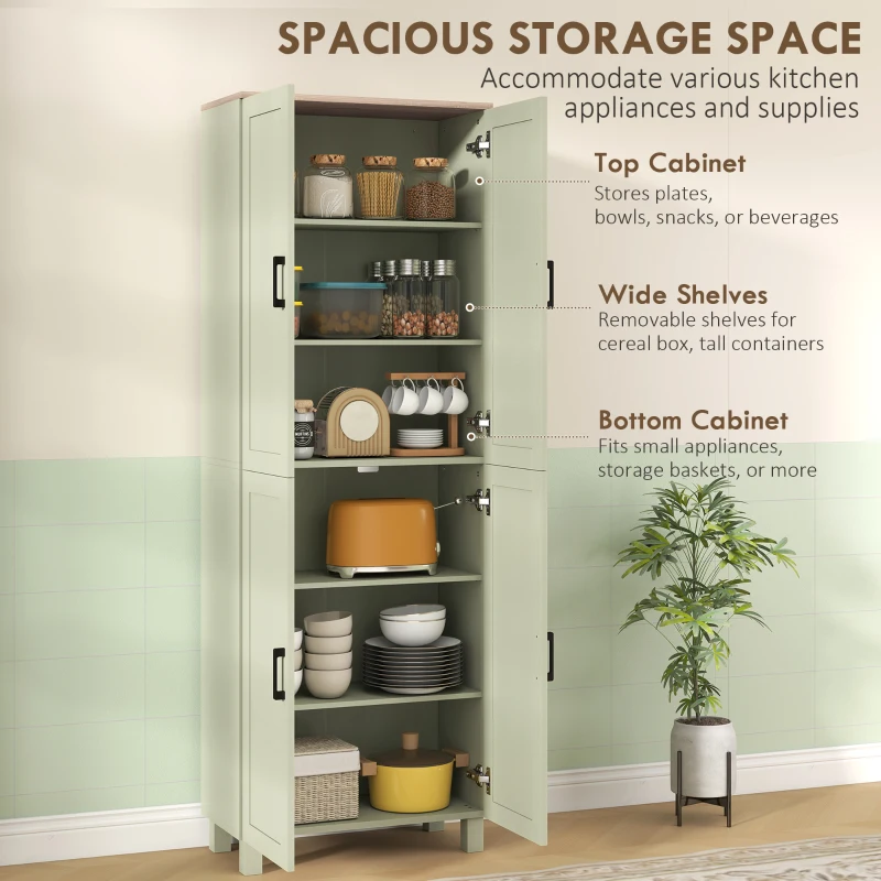 HOMCOM Freestanding Kitchen Cupboard, 4-Door Storage Cabinet with Adjustable Shelves, Modern Kitchen Pantry, 170cm, Green