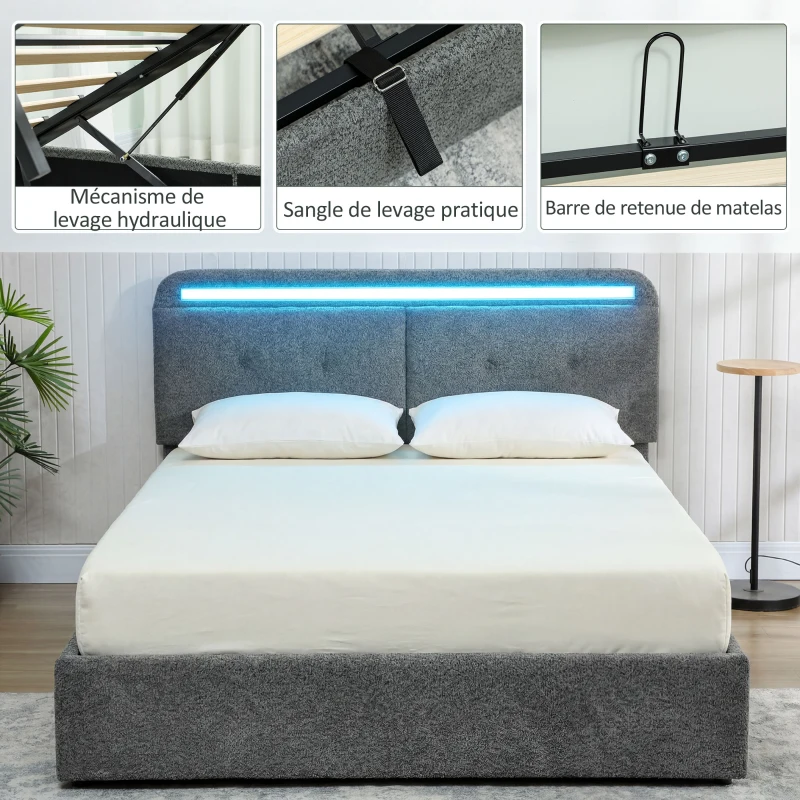 HOMCOM Lit coffre 140 x 190 cm avec éclairage LED, tête de lit réglable, cadre de lit double, sommier à lattes en bois, gris