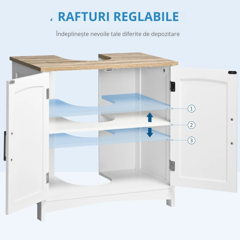 kleankin Dulap Sub Lavoar Baie cu 2 Uși și Raft Reglabil Alb și Lemn