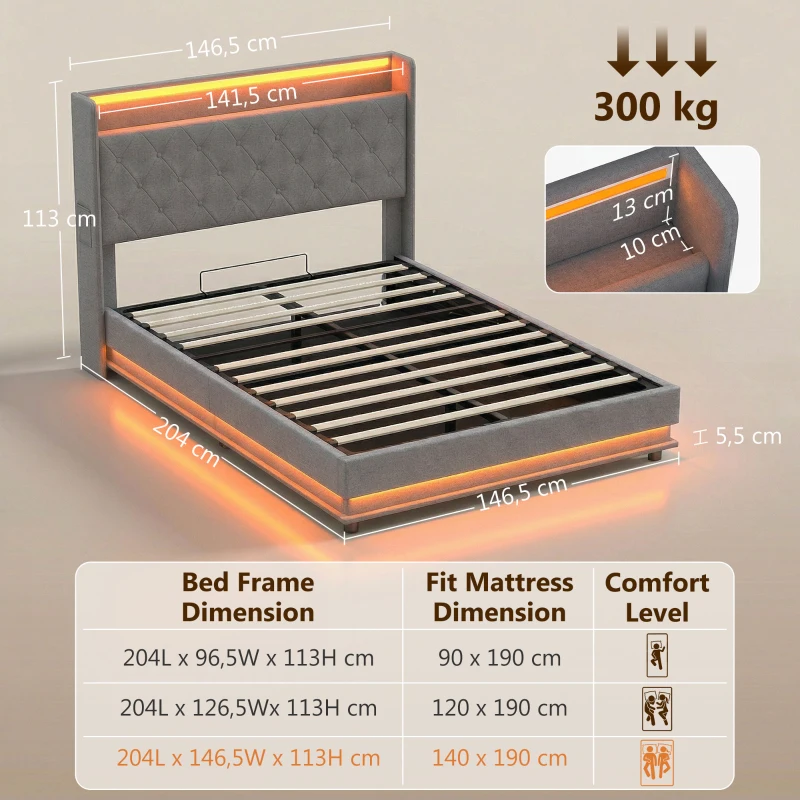 HOMCOM Lit coffre 140x190cm éclairage LED et station de charge cadre de lit double rembourré lin rangement hydraulique gris