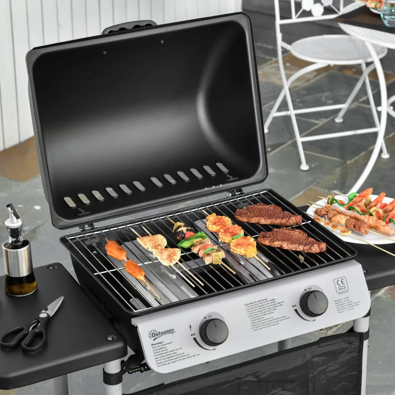Outsunny Gratar pe gaz cu Capac si 2 Arzatoare cu o putere totala de 5,6 kW, Gratar din Otel cu Roti si Rafturi, 104x49x99cm Negru