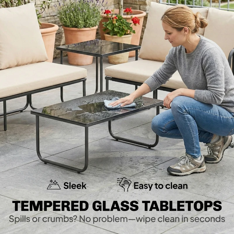 Outsunny Set Mobilier Grădină Exterior 4 Piese cu 2 Canapele 2 Locuri 2 Mese din Sticlă Perne Huse Detașabile și Buzunare Kaki