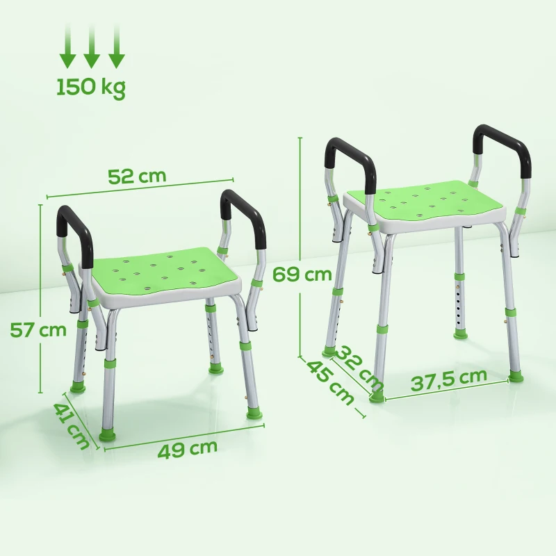 HOMCOM Tabouret de douche pour personnes âgées et handicapées avec accoudoirs, hauteur réglable, patins antidérapants, vert