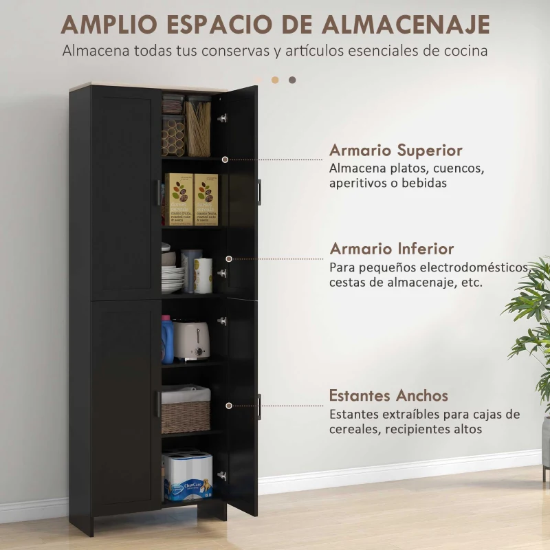 HOMCOM Alacena de Cocina Armario de Almacenaje Multifuncional con 4 Puertas y Estantes Ajustables 60x30x170,5 cm Negro