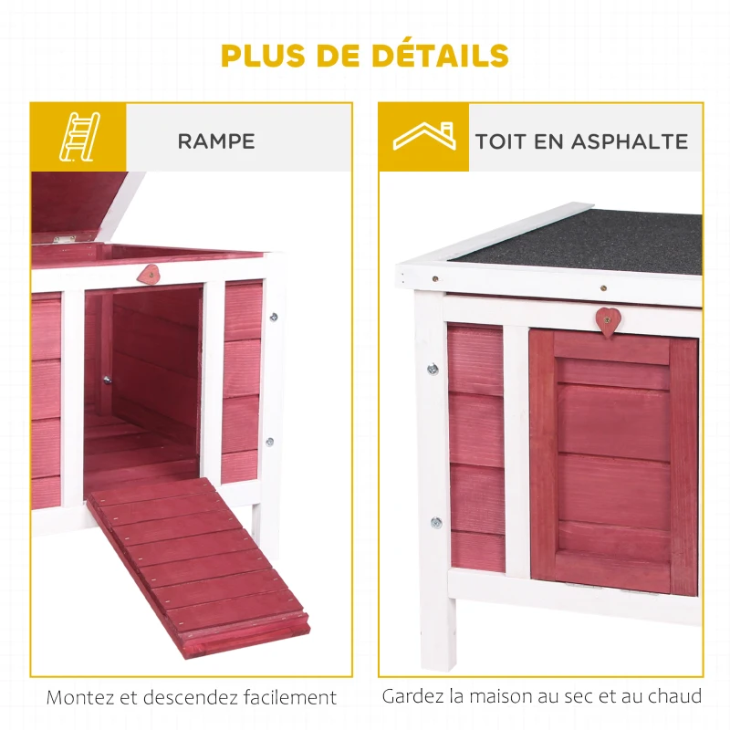 PawHut Clapier à lapin cage à lapin avec rampes/porte, toit ouvrant et étanche - en bois de sapin 51 x 42 x 43 cm rouge blanc