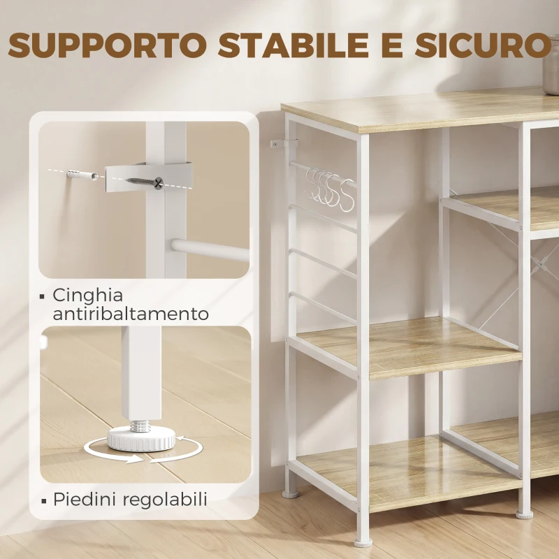 HOMCOM Scaffale Cucina Salvaspazio con Ripiani in Legno e Metallo e 5 Ganci, 90x39x83.5 cm, Rovere