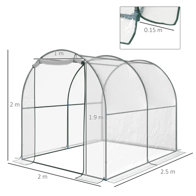 Outsunny Walk-in Tunnel Greenhouse with Roll-up Door, Transparent Polytunnel Greenhouse with Steel Frame and Plastic Cover, 2.5 x 2m