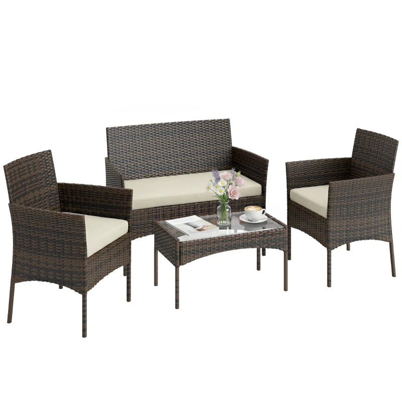 Outsunny 4 Piece Rattan Garden Furniture Sofa Set with Loveseat, Armchairs, Glass-Top Coffee Table and Cushions, Brown