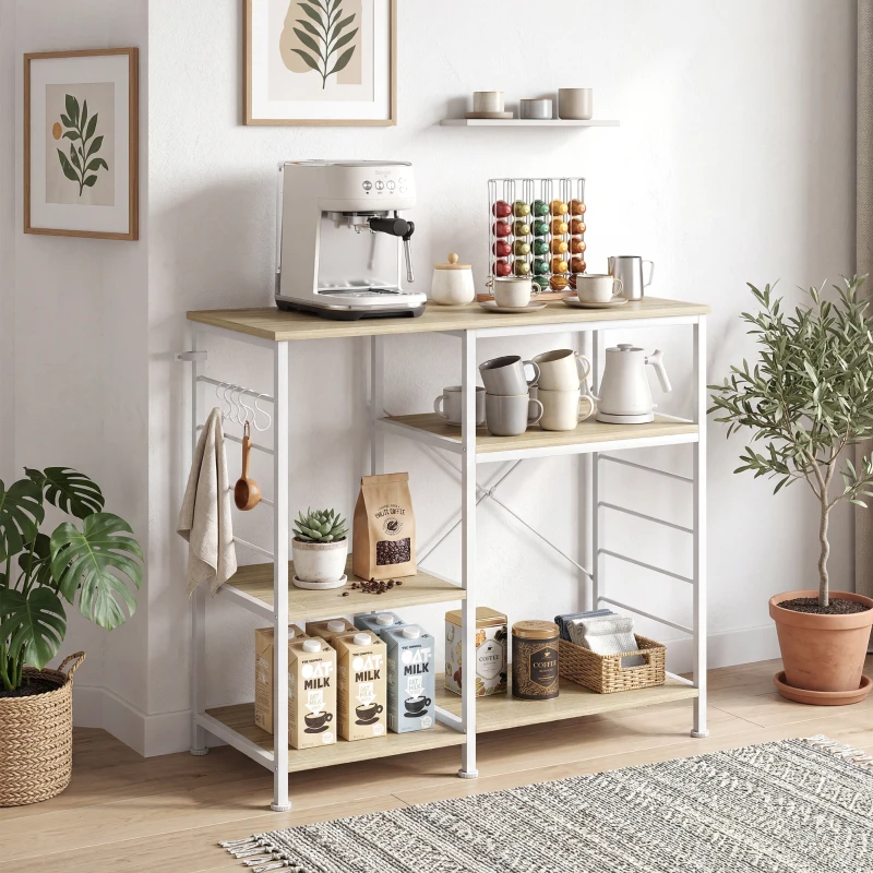 HOMCOM Scaffale Cucina Salvaspazio con Ripiani in Legno e Metallo e 5 Ganci, 90x39x83.5 cm, Rovere