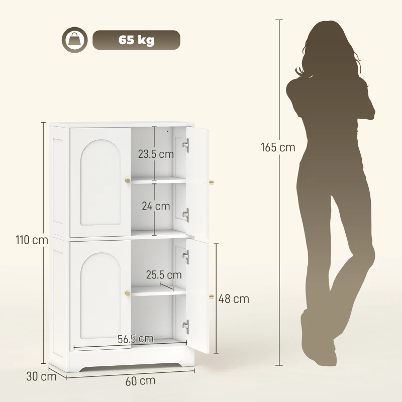 HOMCOM Comodă Bucătărie, Dulap Bucătărie cu 2 Dulapuri, 4 Uși Arcuite, 2 Rafturi Reglabile, cu Dispozitiv Anti-Răsturnare, 60x30x110 cm, pentru Sala de Masă, Living, Alb