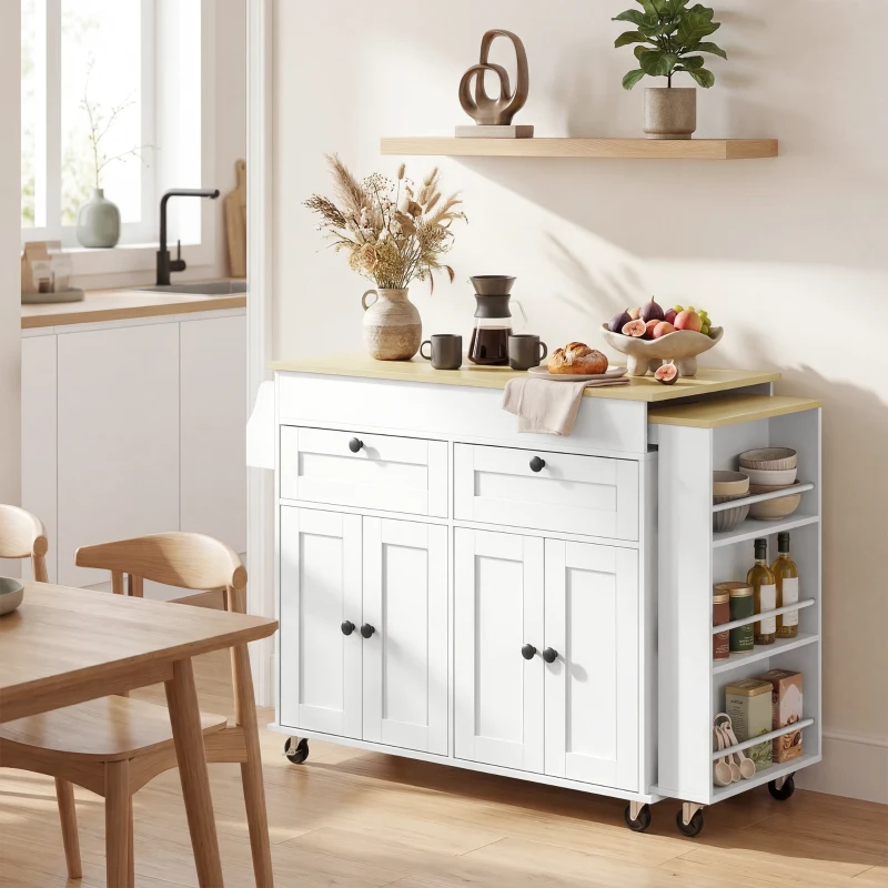 HOMCOM îlot central cuisine avec plateau extensible, desserte de cuisine sur roulettes avec 2 tiroirs, 4 portes, blanc