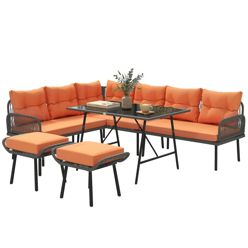 Outsunny 6 Piece Rattan Garden Furniture Set, 8 Seater Garden Corner Sofa with Cushions and Glass Top Table, Orange