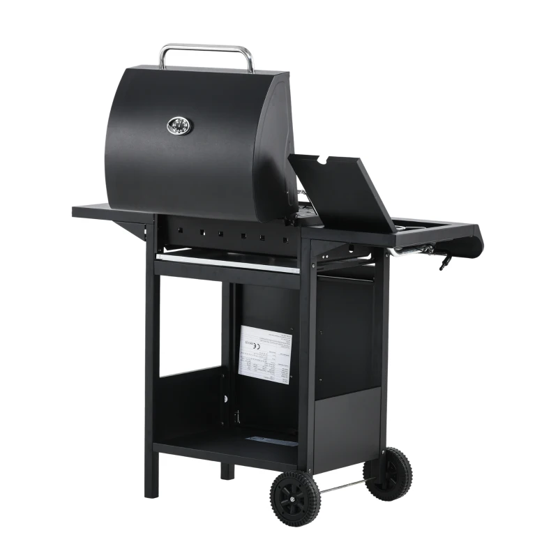 Outsunny Gratar pe gaz cu Capac si Termometru, Raft si 2 Roti, 110x50x100cm Negru