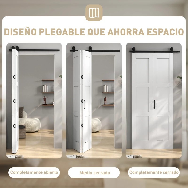 HOMCOM Puerta Corredera Plegable con Herrajes 91,4x213,4 cm con Rodillo Riel de Acero Guía de Suelo Manija Blanco