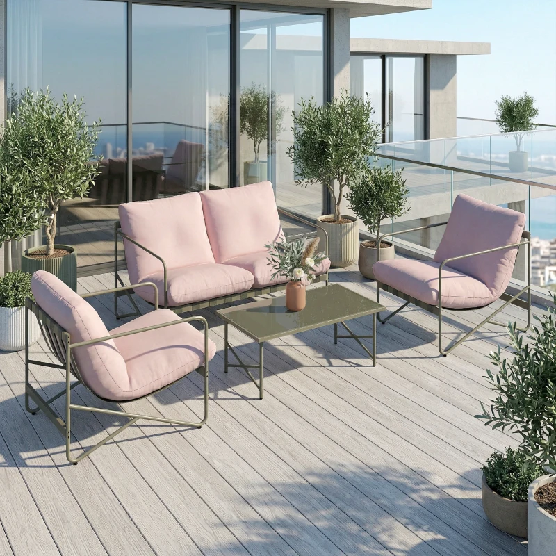 Outsunny Conjunto de Jardín Exterior de 4 Piezas con Sofá de 2 Plazas 2 Sillones Mesa de Vidrio Templado Cojines Gruesos Rosa
