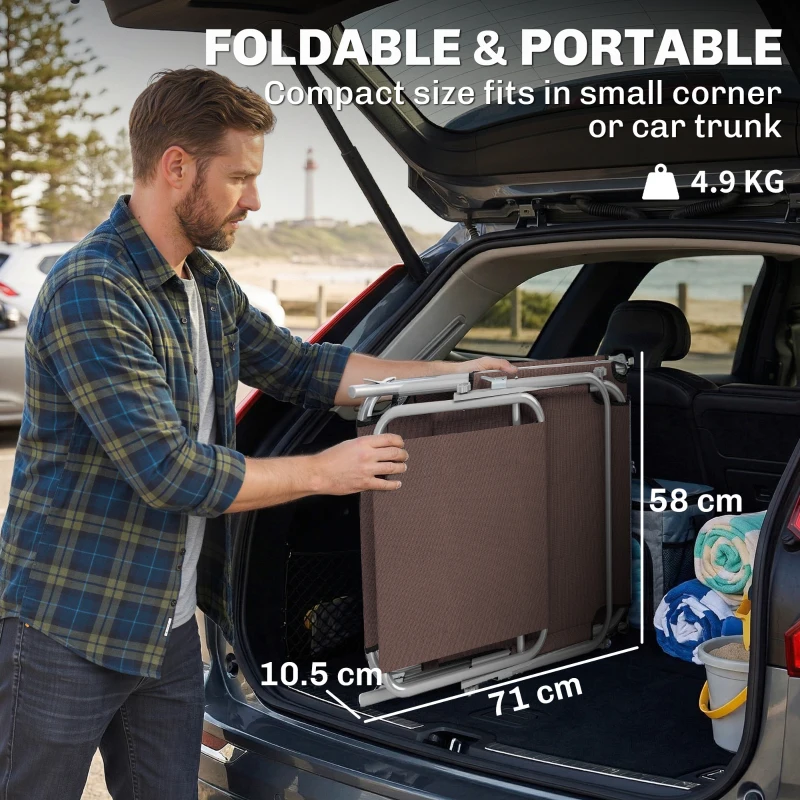 Outsunny Folding Sun Lounger with Canopy, Reclining Sunbed with 4-Position Adjustable Backrest, 600D Oxford Cloth, Portable Garden Lounger Recliner Chair for Beach, Camping, Patio, Brown