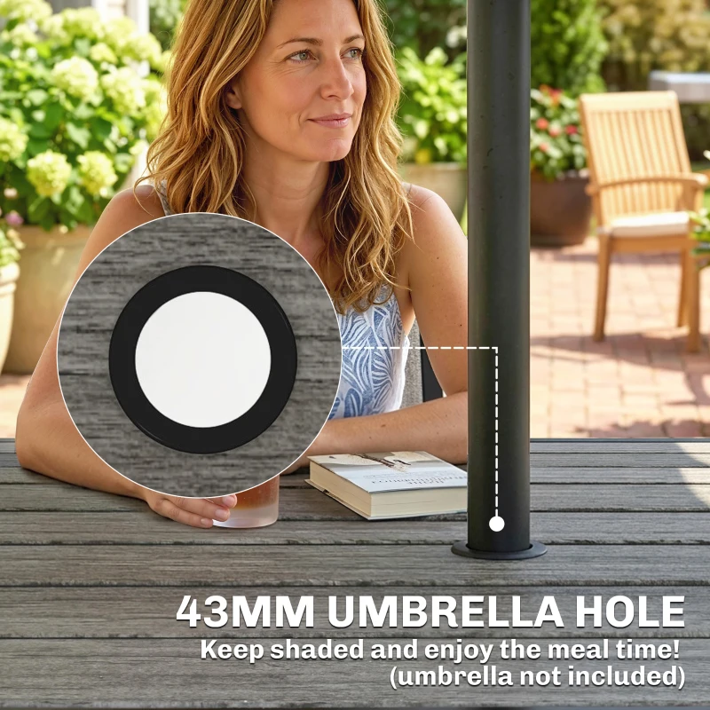 Outsunny Square Garden Dining Table with Parasol Hole, Slatted Top, Metal Frame, 86 x 86 x 71 cm, Light Grey