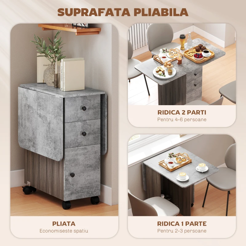 HOMCOM Masă pliabilă cu 2 sertare și dulap, 6 roți și frâne, 120x60x76,5 cm, gri lemn și piatră