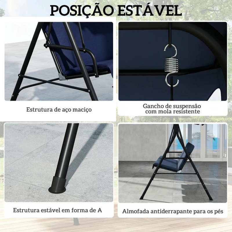 Outsunny Baloiço de Jardim Exterior de 3 Lugares com Toldo Ajustável e Estrutura de Aço 172x118x153 cm Azul-Marinho