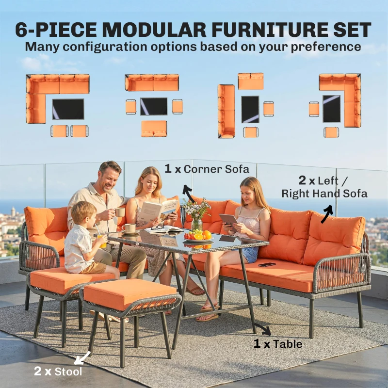 Outsunny 6 Piece Rattan Garden Furniture Set, 8 Seater Garden Corner Sofa with Cushions and Glass Top Table, Orange
