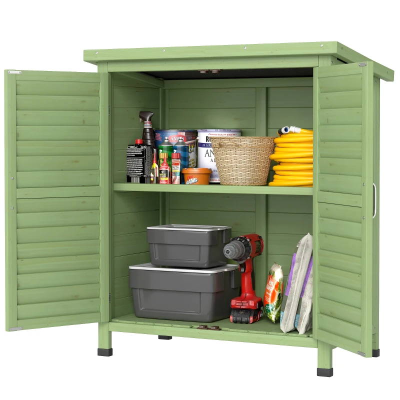 Outsunny Garden Shed Wooden Garden Storage Shed 2 Door Unit Solid Fir Wood Garage Tool Organisation Cabinet, 87L x 46.5W x 96.5Hcm, Green