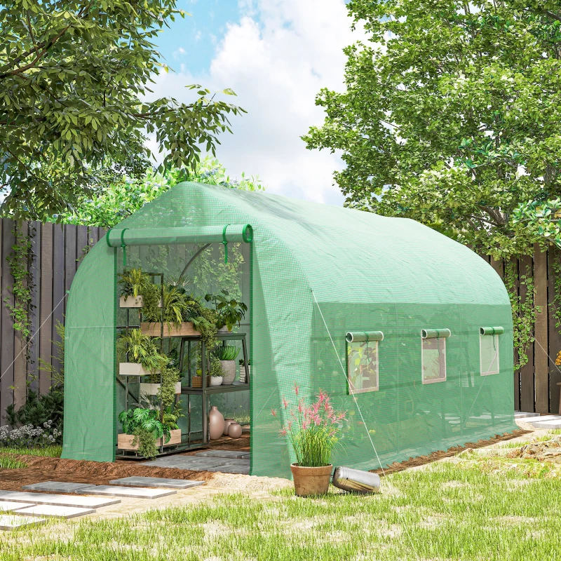Outsunny Serre tunnel de jardin 8m², serre de jardin tunnel avec 1 porte et 6 fenêtres, bâche PE 140g/m² 400x200x200cm vert