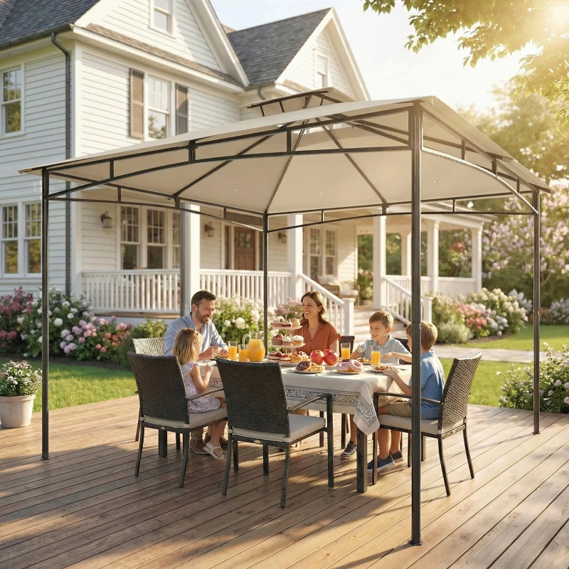 Outsunny 3 x 3 m Gazebo, Garden Gazebo with 2-Tier Roof, Metal Frame, Khaki