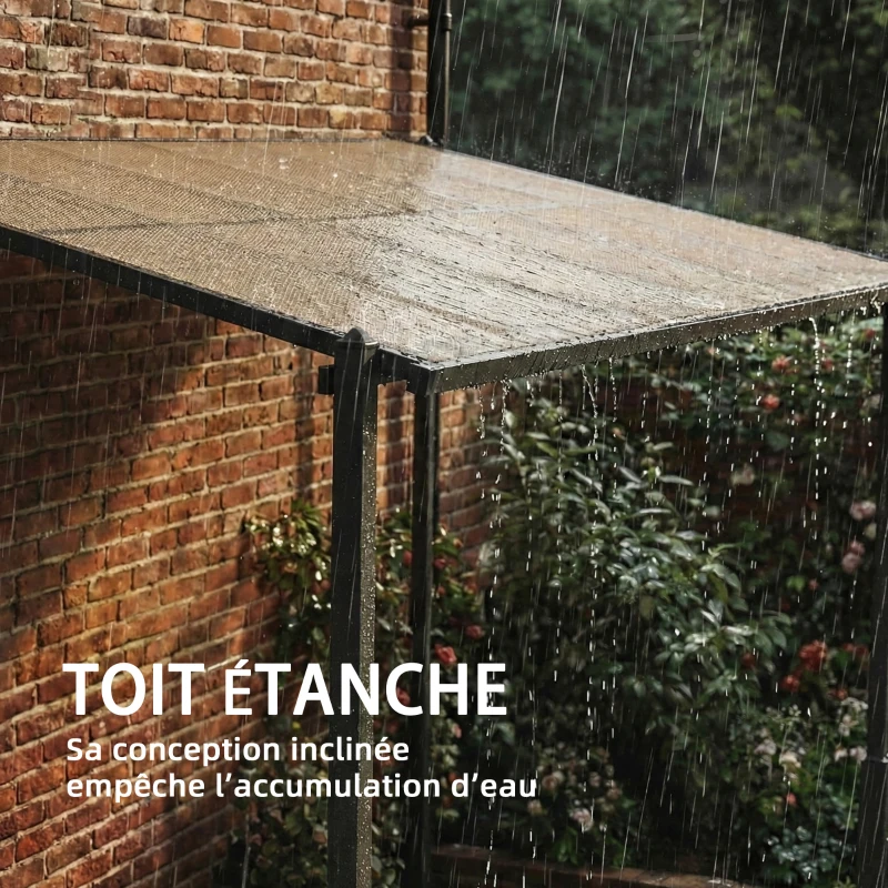 Outsunny Pergola adossée 3,8 x 3 m avec toit en polycarbonate, structure rigide en aluminium avec gouttières intégrées, gris foncé