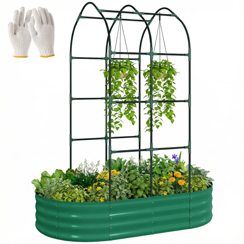 Outsunny Galvanised Raised Garden Bed with Arched Trellis, 5 x 3 x 6ft Metal Raised Bed for Garden with Open Bottom, Green